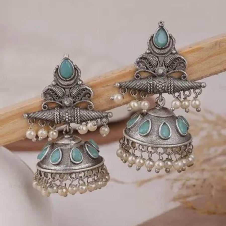 TIB Dam-Damroo oxidised jhumka with pearl fringe