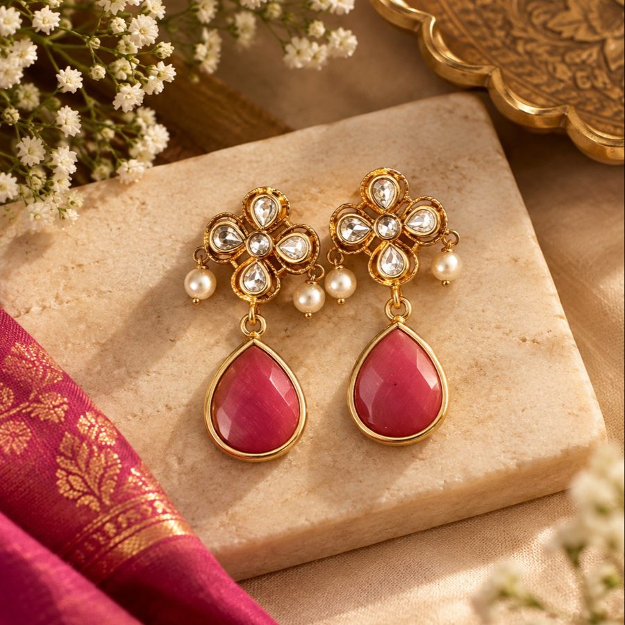 Kundan flower drop earrings with ruby teardrops