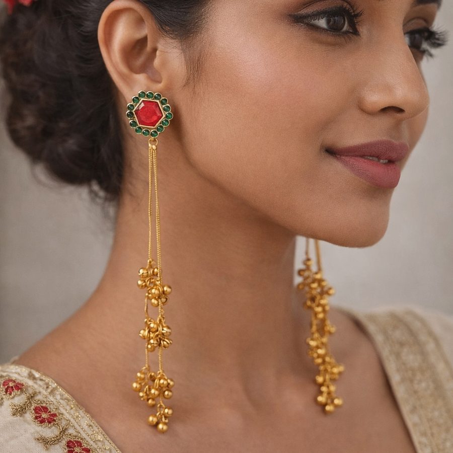 Kashmiri two-chain jhumka worn by a model