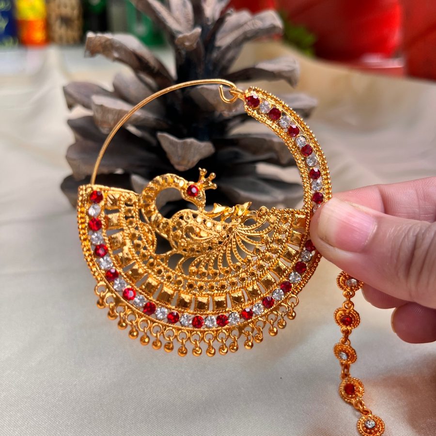 Pahadi Mor Nathuli held up to show the peacock work